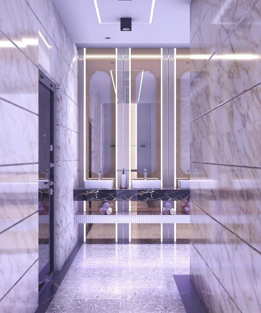 Luxury bathroom arch mirrors — 3D render by 3A Design Solutions