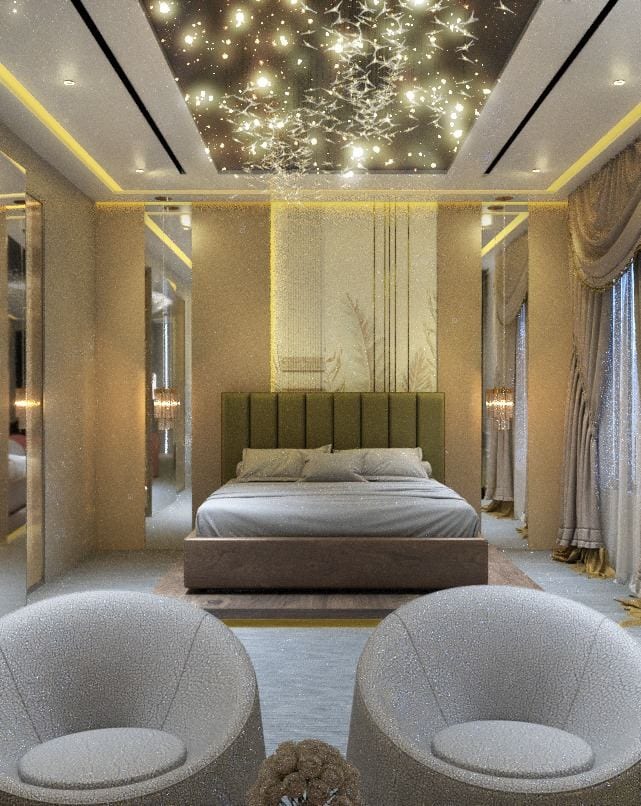 Luxury master bedroom 3D visualisation — starry ceiling, gold accents by 3A Design Solutions