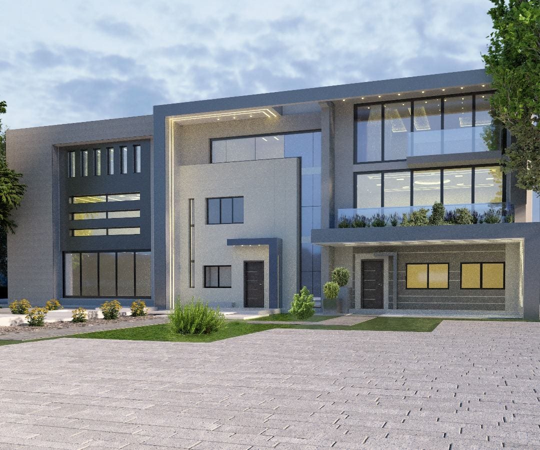 Modern commercial building exterior — 3D architectural render by 3A Design Solutions