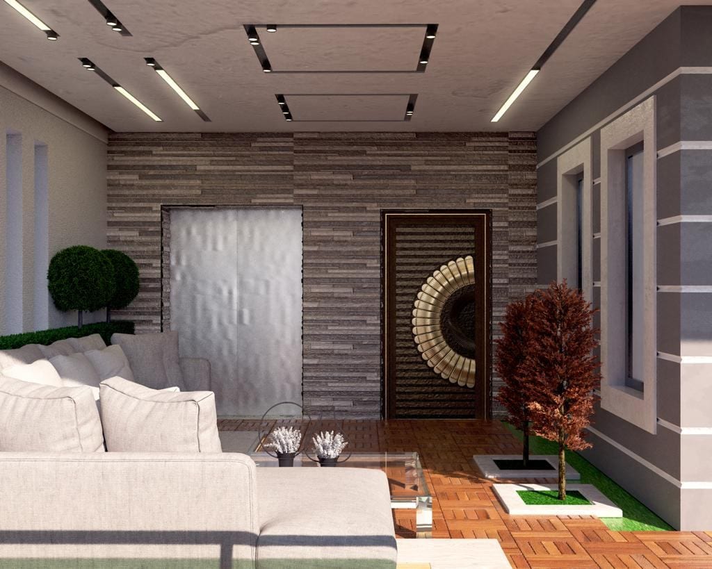 Lounge with feature decorative door — interior design by 3A Design Solutions